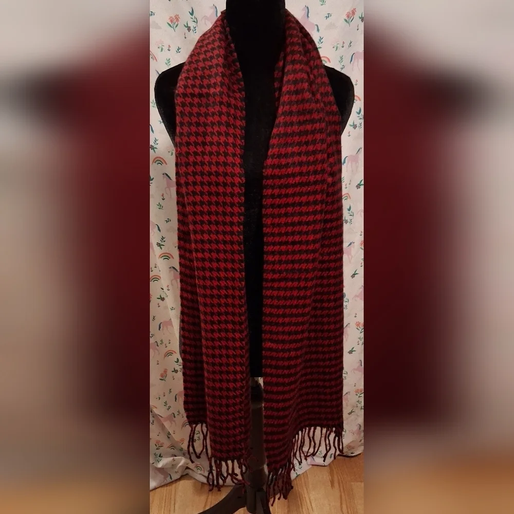 EUC Vintage Coach Red & Black Houndstooth Cashmere & Wool Casual Winter Scarf